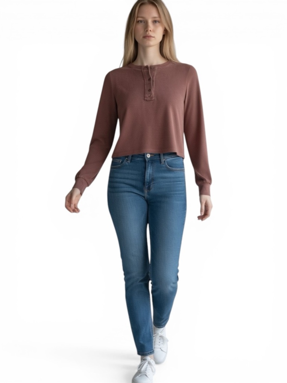 FITZ + EDDY women’s Henley Long Sleeve Crop Top Shirt in Burgundy Size M short